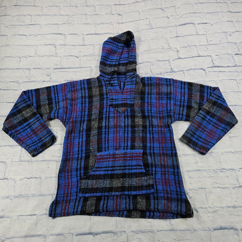 Senor Lopez Baja Hoodie Mens L Blue Red Plaid Woven Mexican Pullover Drug Rug